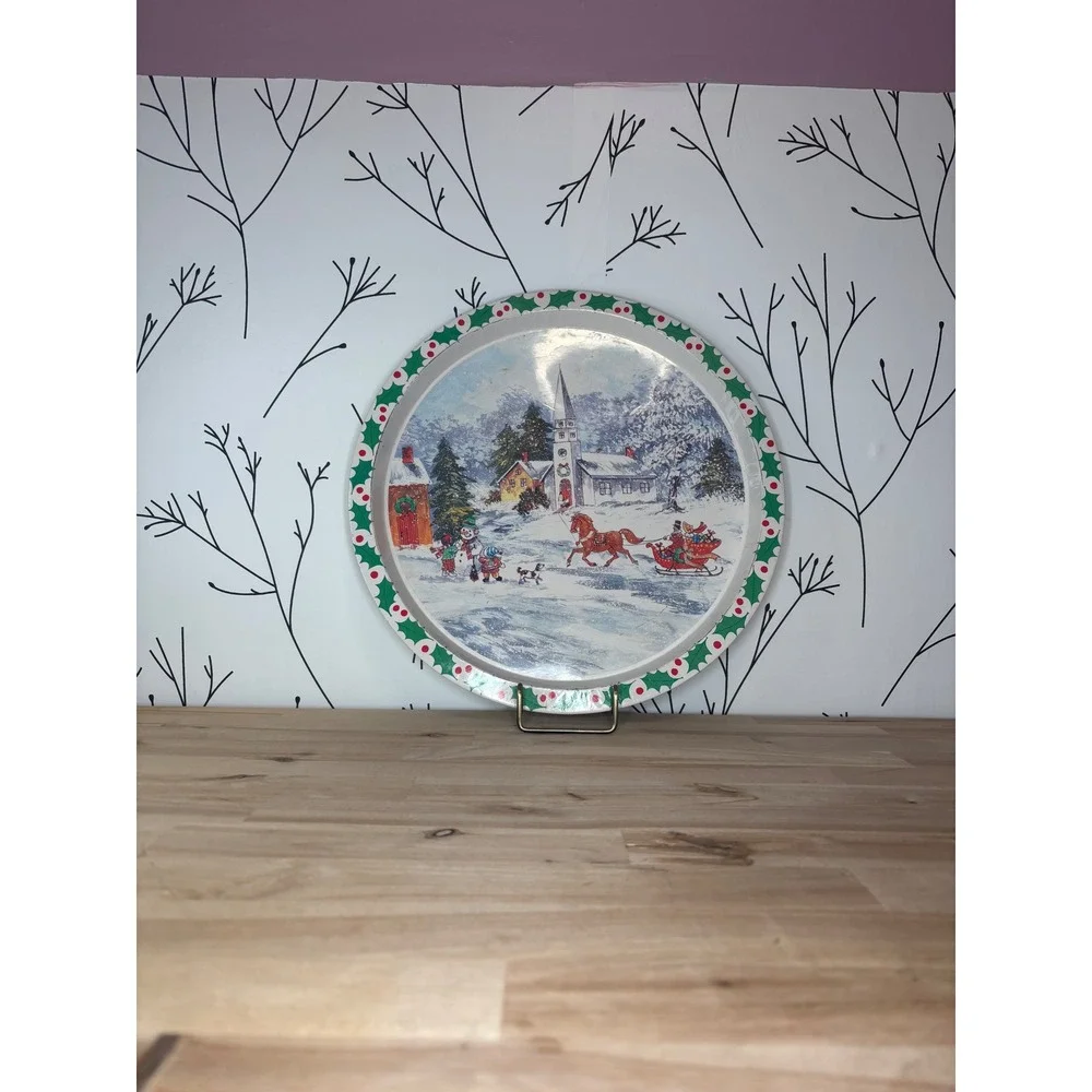 Vintage Christmas Metal Serving Tray Winter Village Scene Horse Sleigh Rite Aid